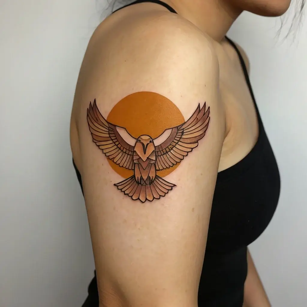 Stylized owl tattoo with outspread wings, set against an orange circle background on upper arm. Bold, geometric lines.