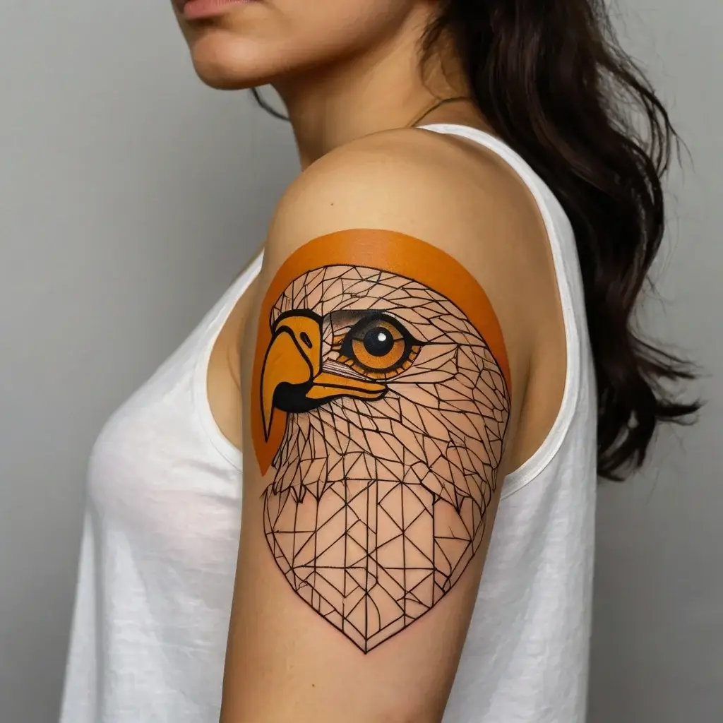 Geometric eagle head tattoo with bold orange accents on upper arm, combining sharp lines and detailed shading.