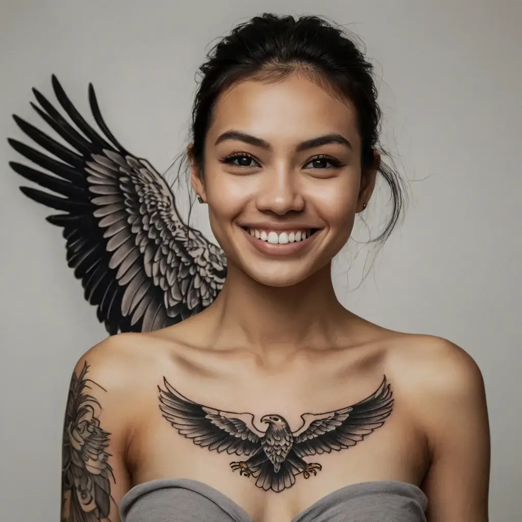 A detailed eagle tattoo on the upper chest with outstretched wings symbolizes strength and freedom.