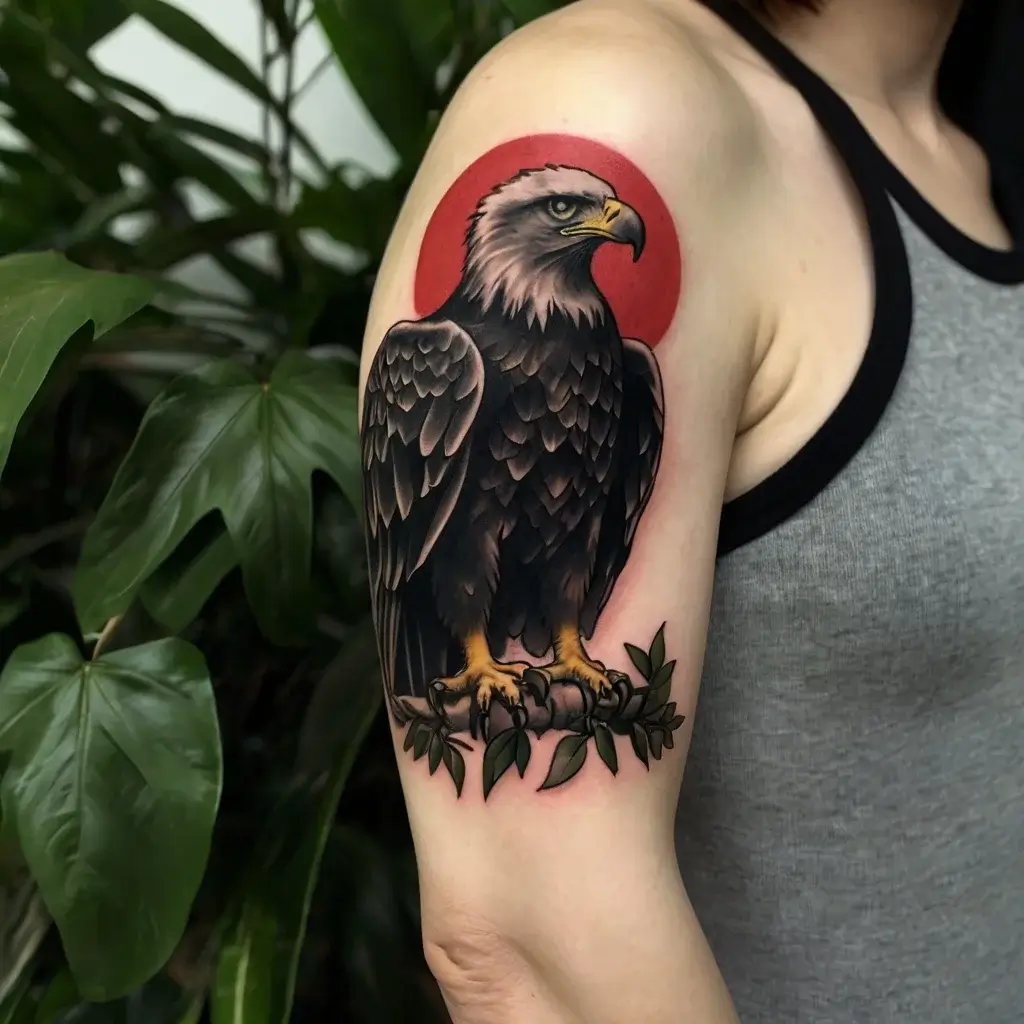 Tattoo of a detailed eagle perched on a branch against a bold red circle, symbolizing strength and freedom.