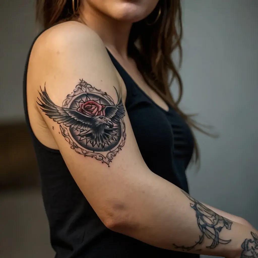 Tattoo of a soaring eagle and a rose within an ornate circular frame on upper arm, symbolizing freedom and beauty.