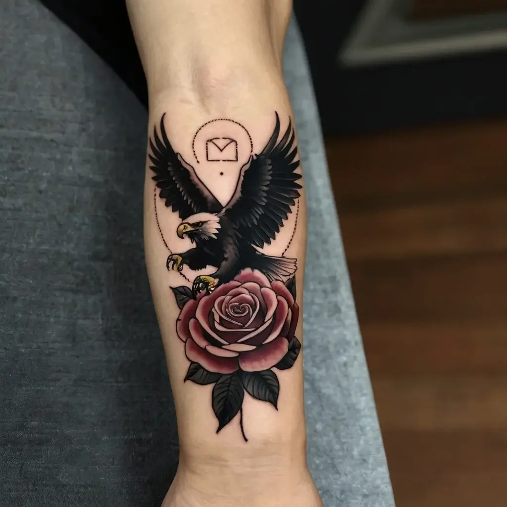 Tattoo of an eagle soaring above a detailed rose, framed by a geometric shape and arrow on the forearm.