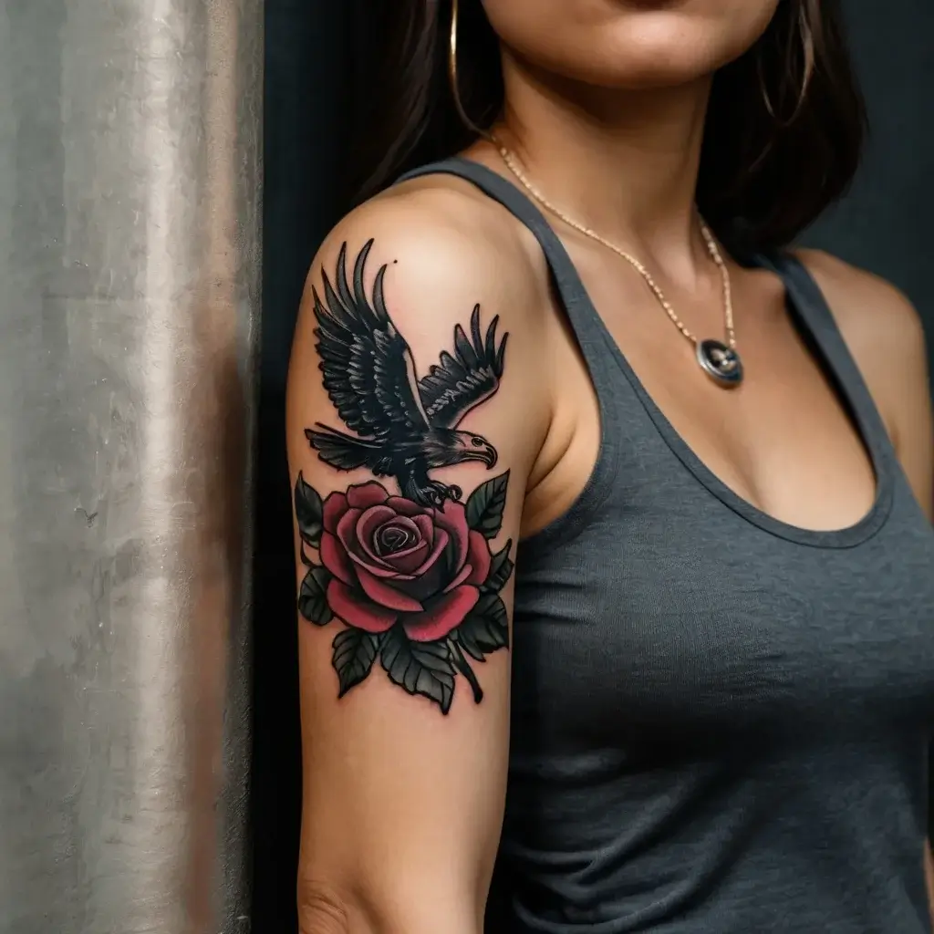 Tattoo of an eagle with outstretched wings above a vivid red rose, symbolizing strength and beauty on the upper arm.