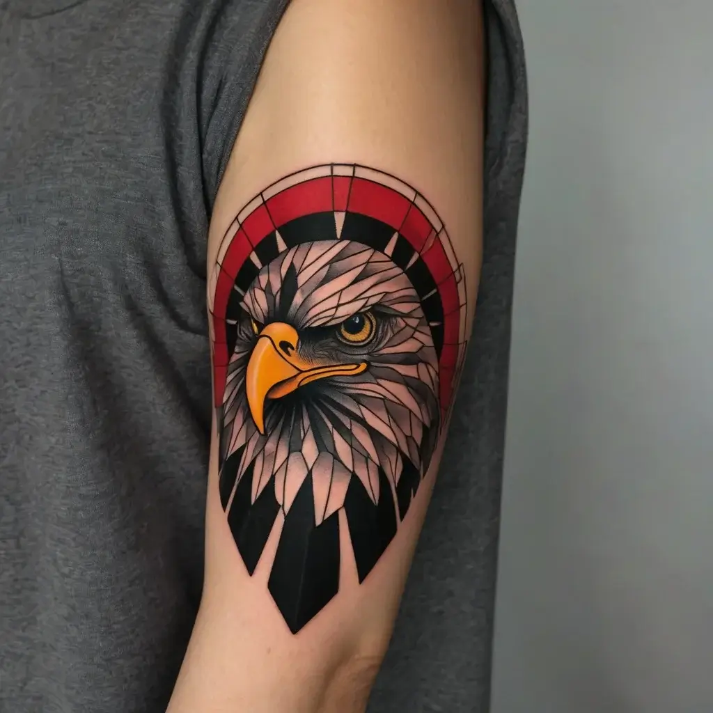 Geometric eagle head tattoo with sharp patterns, a striking orange beak, and a red-black arched background.