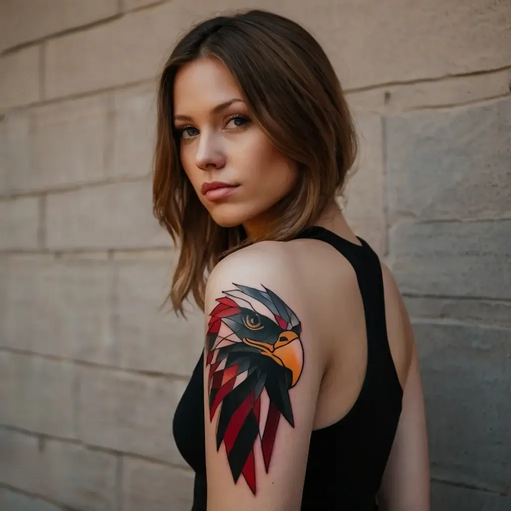 Abstract eagle tattoo with geometric shapes and bold colors on the upper arm, featuring reds, blacks, and grays.