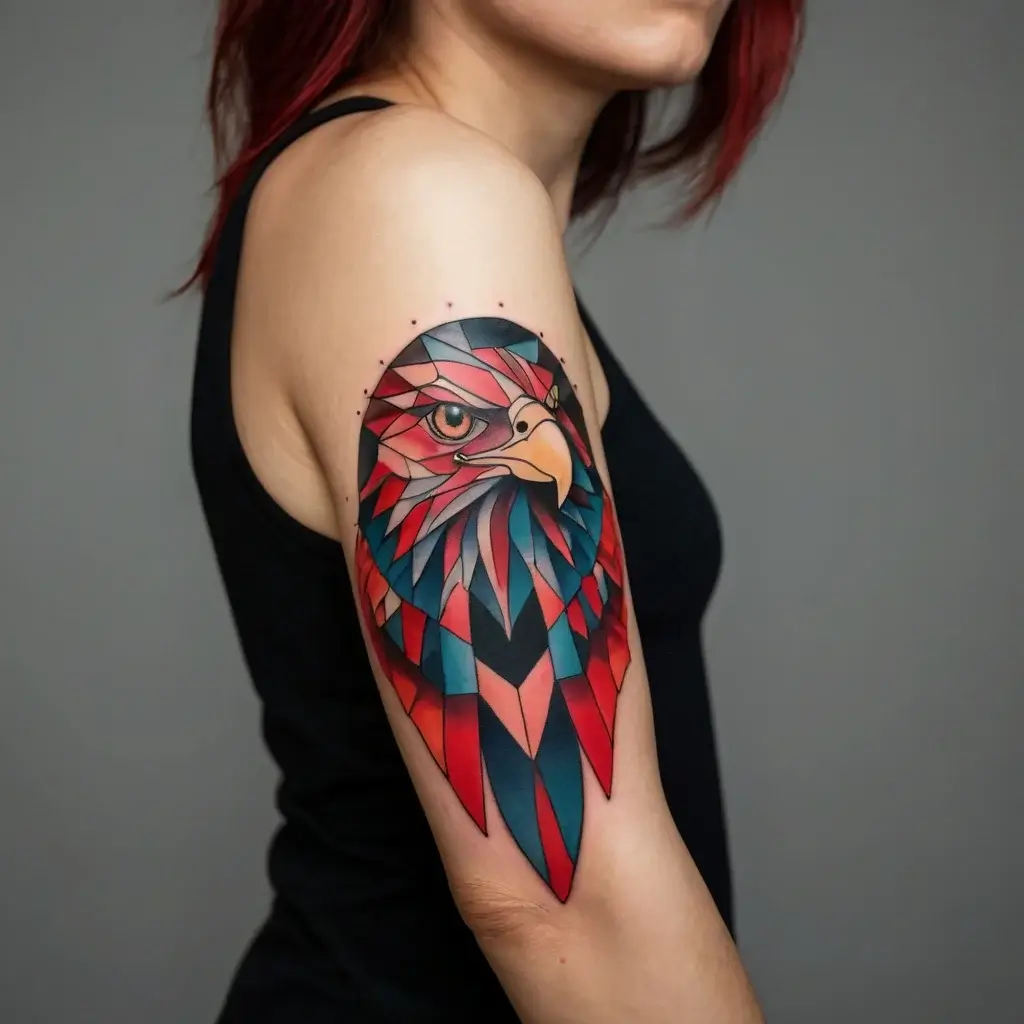 Stylized geometric eagle tattoo in vibrant red and blue tones with intricate triangular patterns on upper arm.