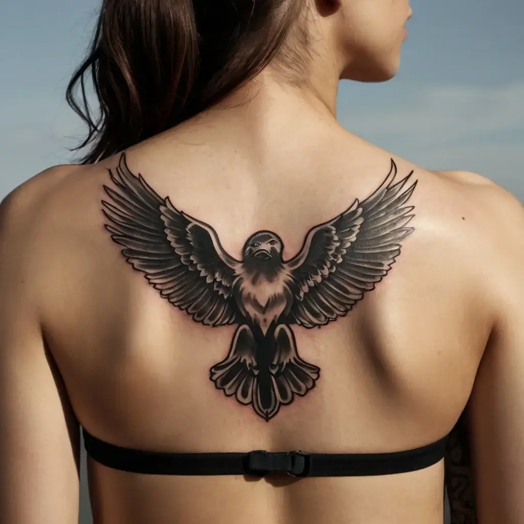 A detailed black and grey tattoo of a soaring bird with outstretched wings adorns the upper back, symbolizing freedom.