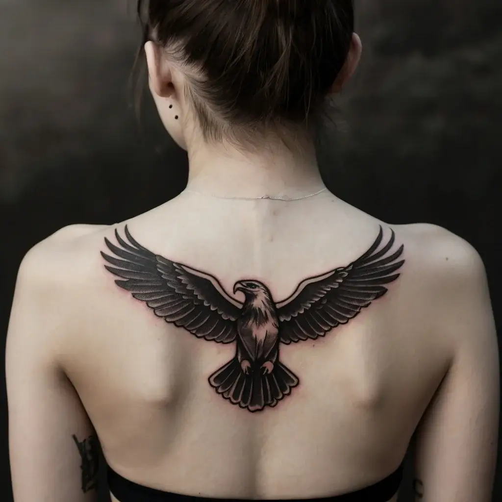 Detailed black and grey eagle with outstretched wings, centered on upper back; symbolizes strength and freedom.