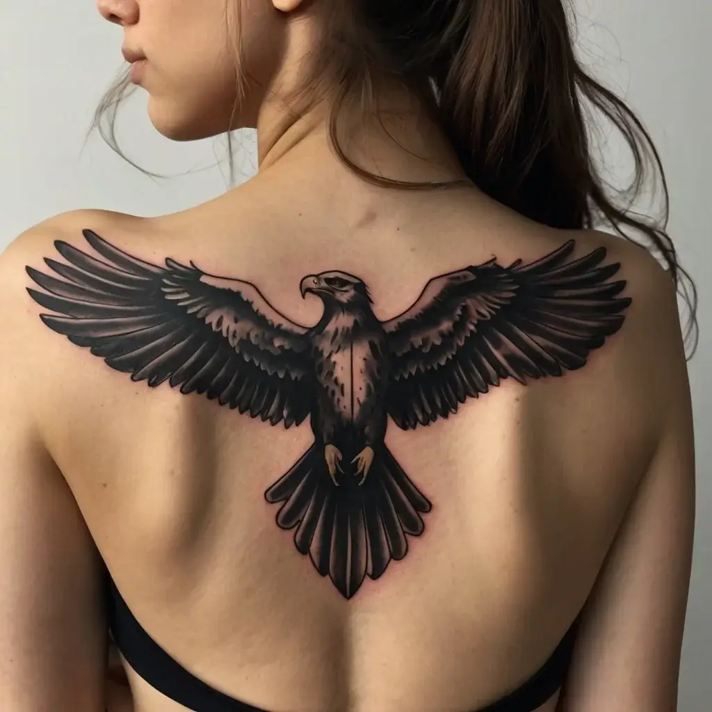 Tattoo of a detailed, dark-shaded eagle with outstretched wings, spanning the upper back, symbolizing strength and freedom.