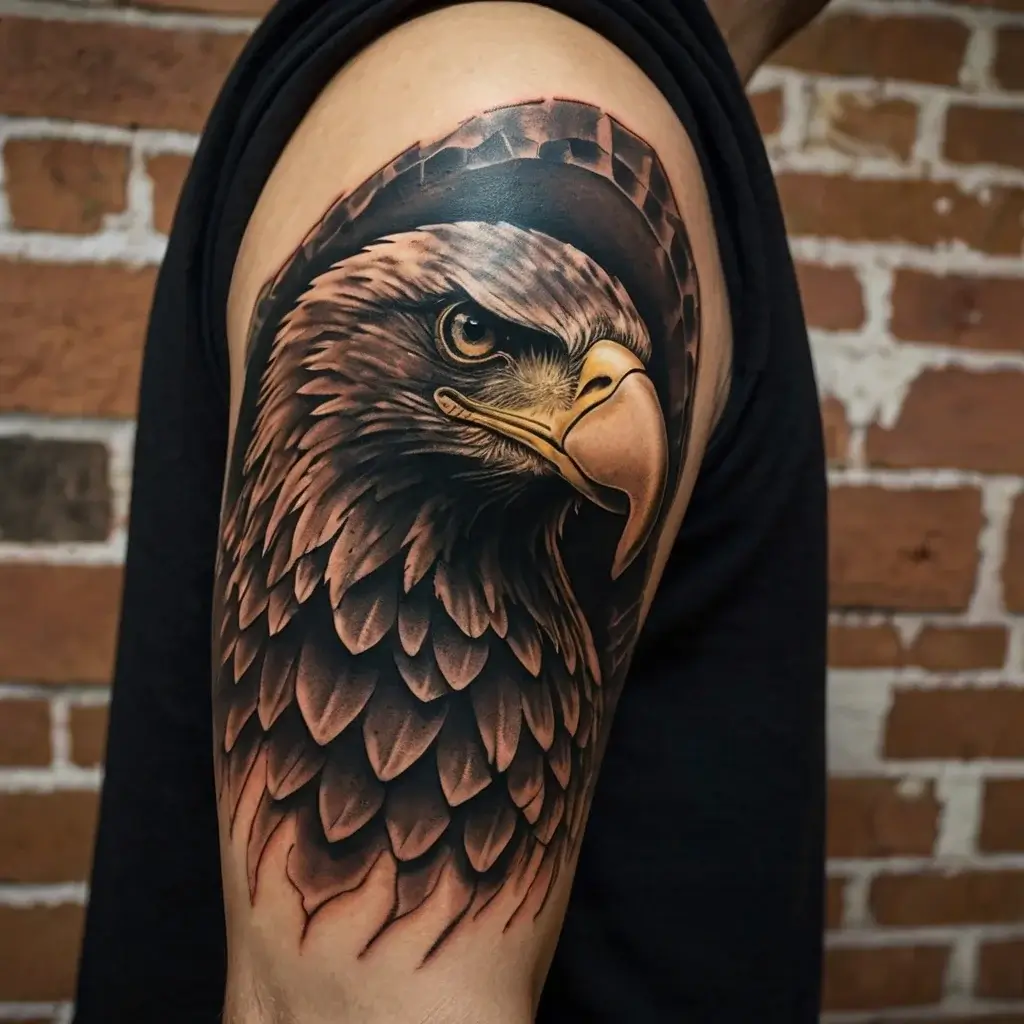 Realistic tattoo of a fierce bald eagle on the upper arm, showcasing intricate feather details and striking colors.