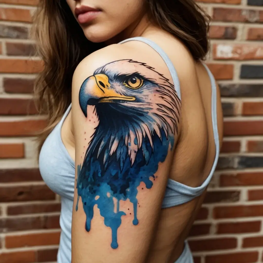 Realistic eagle tattoo with vivid colors, featuring splashes of blue on the shoulder, symbolizing strength and freedom.