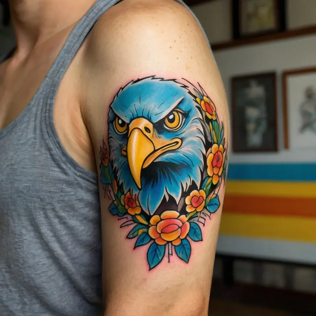 Colorful eagle head tattoo with fierce eyes, surrounded by vibrant orange flowers and blue-green leaves on upper arm.