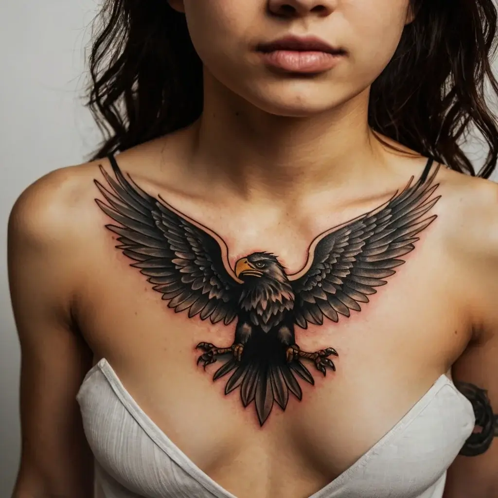 Chest tattoo of a detailed eagle in flight, wings fully spread. Bold black and gray shading with a striking golden beak.