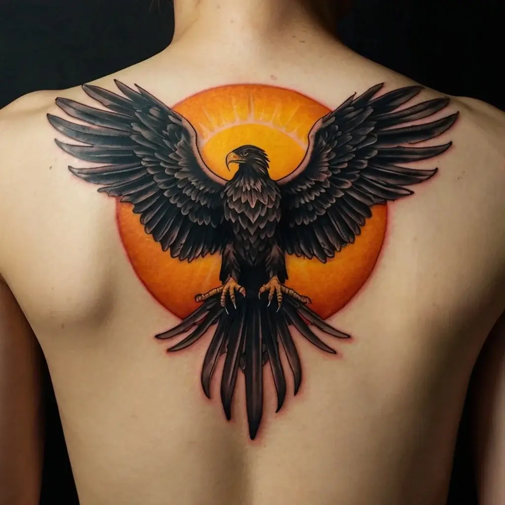 A black eagle spreads its wings against a vibrant orange sun, symbolizing strength and freedom on the upper back.