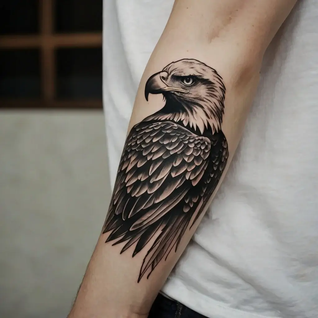 Tattoo of a detailed eagle on forearm, showcasing intricate feathers and a sharp gaze, symbolizing strength and freedom.