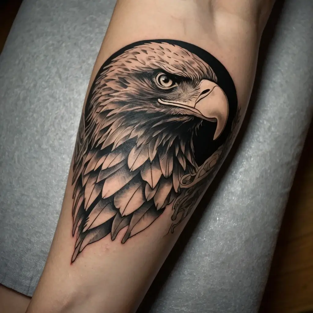 Tattoo of a detailed eagle head with sharp features and intense eyes, surrounded by stylized black shading.