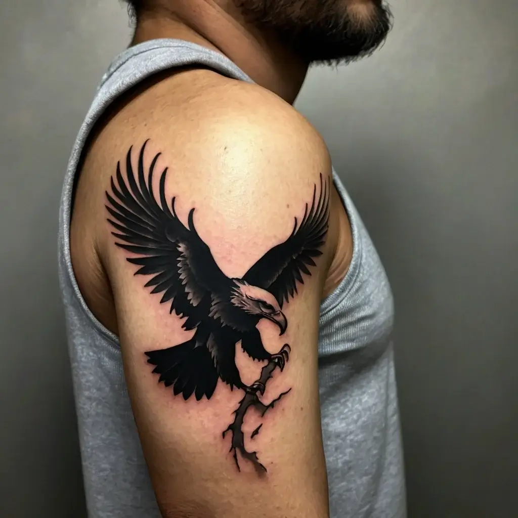 Black and grey tattoo of a fierce eagle landing on a branch, wings spread wide, symbolizing strength and freedom.