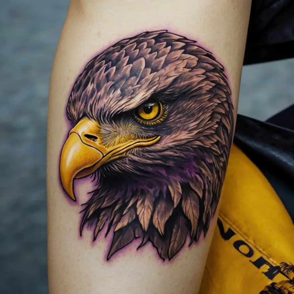 Realistic eagle head tattoo in vivid detail, showcasing a sharp yellow beak and piercing amber eye against textured feathers.