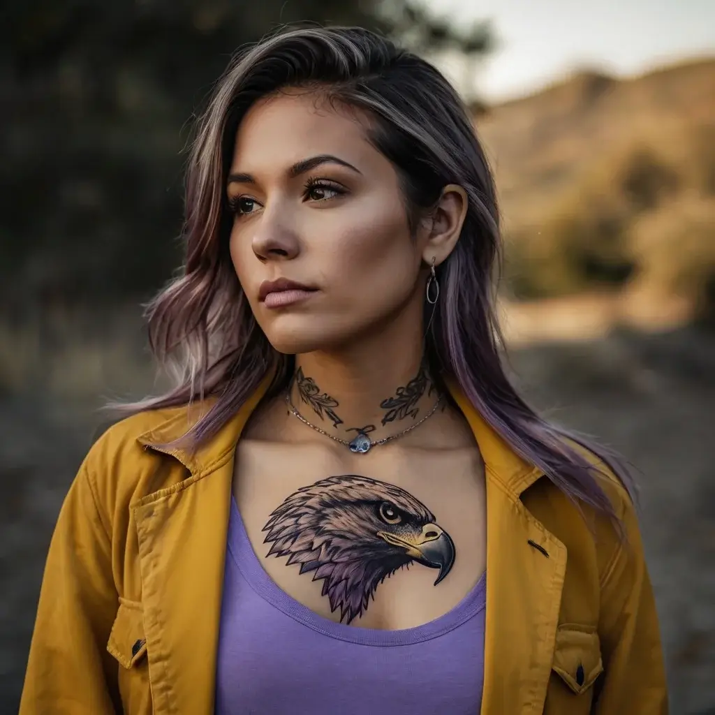 Woman with a vivid eagle head tattoo on her chest, surrounded by intricate floral designs on her neck.