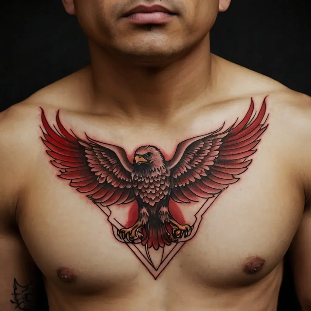 Chest tattoo of a red and black eagle with spread wings perched on a geometric shape, symbolizing strength and freedom.