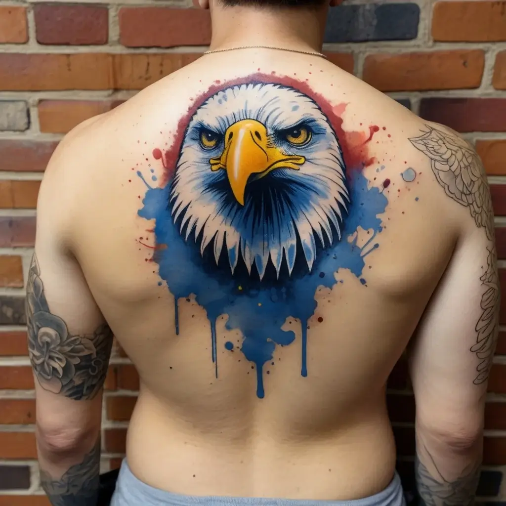 Watercolor tattoo of an eagle's head with intense eyes and a vibrant mix of blue, yellow, and red on the back.