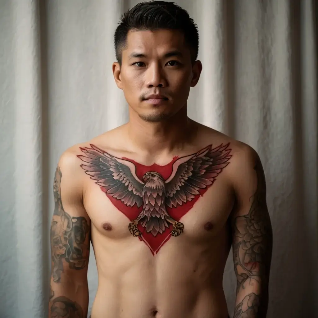 Colorful eagle tattoo on chest with spread wings framed by a red heart shape. Detailed shading enhances the design.