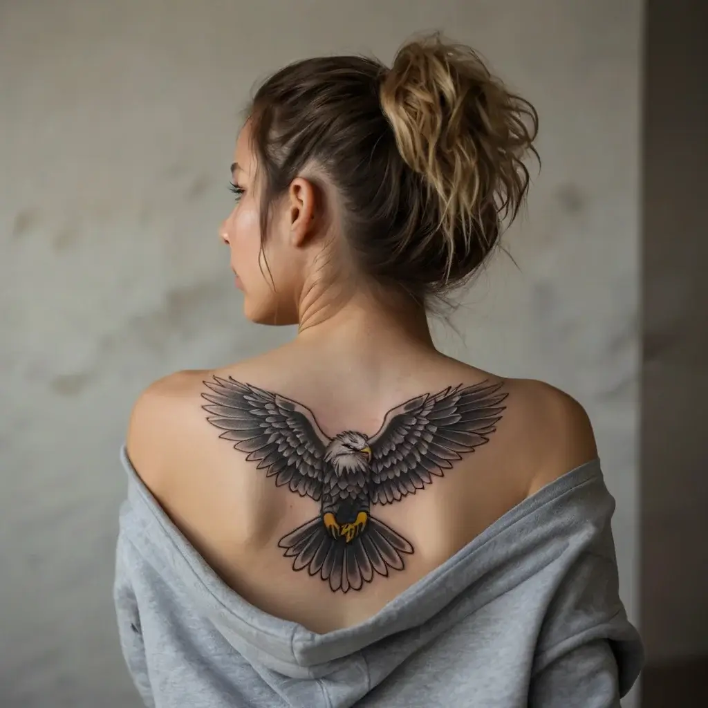 Tattoo of a detailed, realistic eagle with spread wings on upper back, symbolizing freedom and strength.