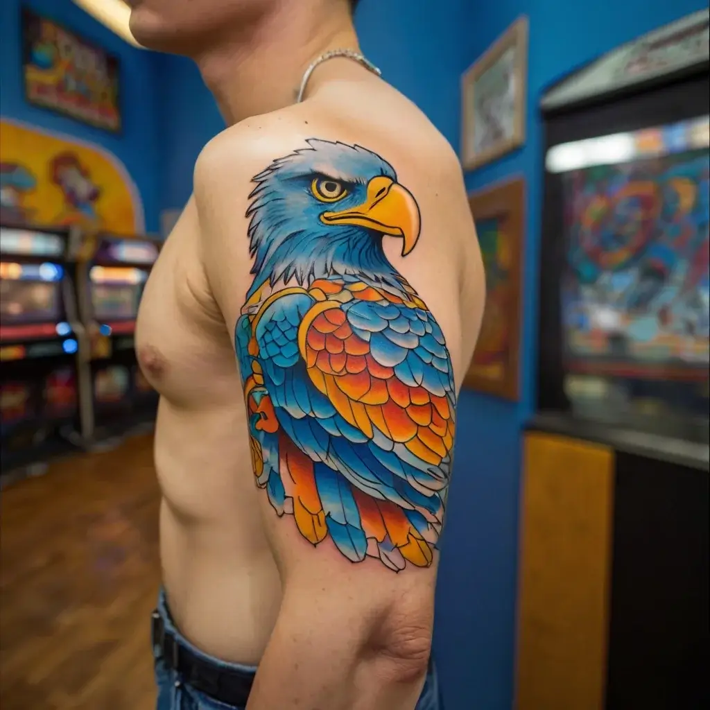 Colorful eagle tattoo on upper arm, featuring vibrant blue, orange, and yellow feathers with bold outlines.