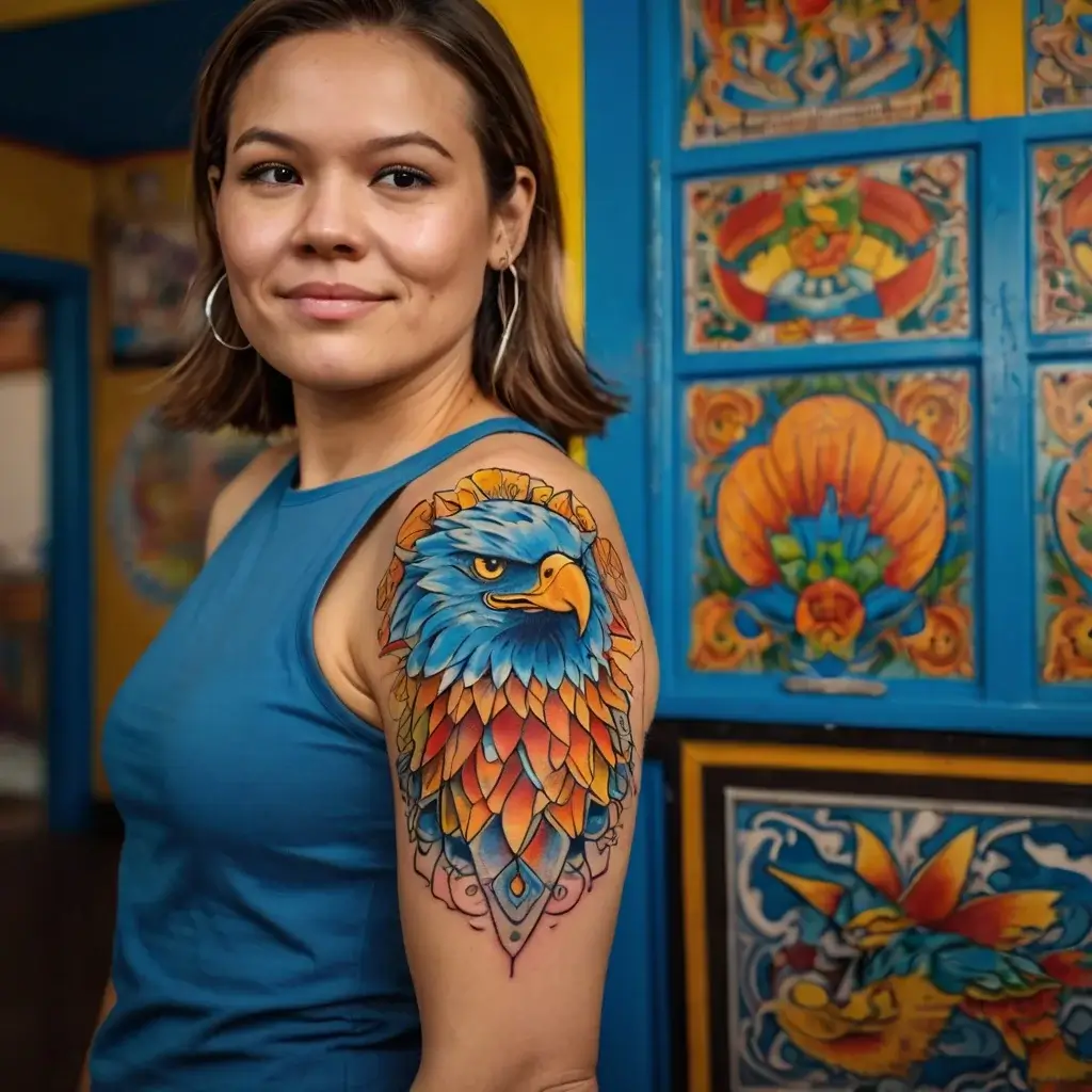 Colorful eagle tattoo on upper arm with intricate feathers blending blues, reds, and oranges for a vibrant look.