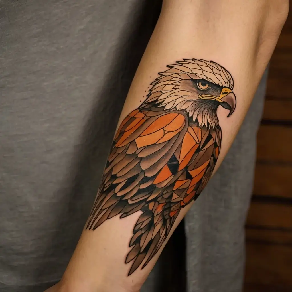 Geometric eagle tattoo on forearm with vivid orange and brown feathers, showcasing intricate shading and bold outlines.