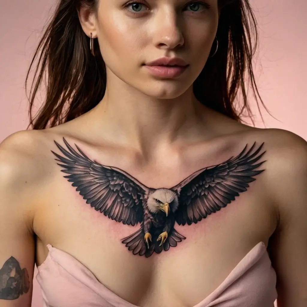 Realistic bald eagle tattoo spanning the chest, with detailed wings and lifelike expression, symbolizing freedom.