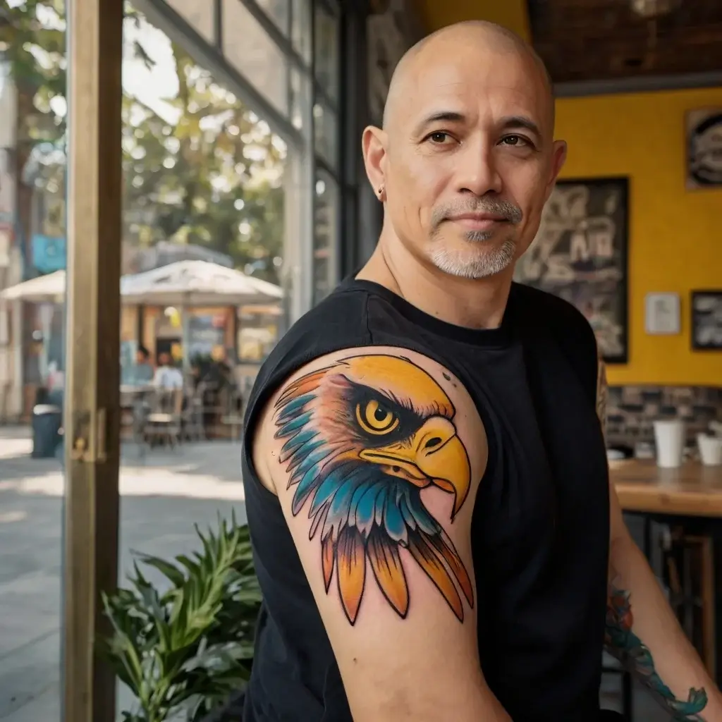 Vivid eagle tattoo on shoulder with a fierce gaze, vibrant blue and orange feathers, symbolizing strength and freedom.