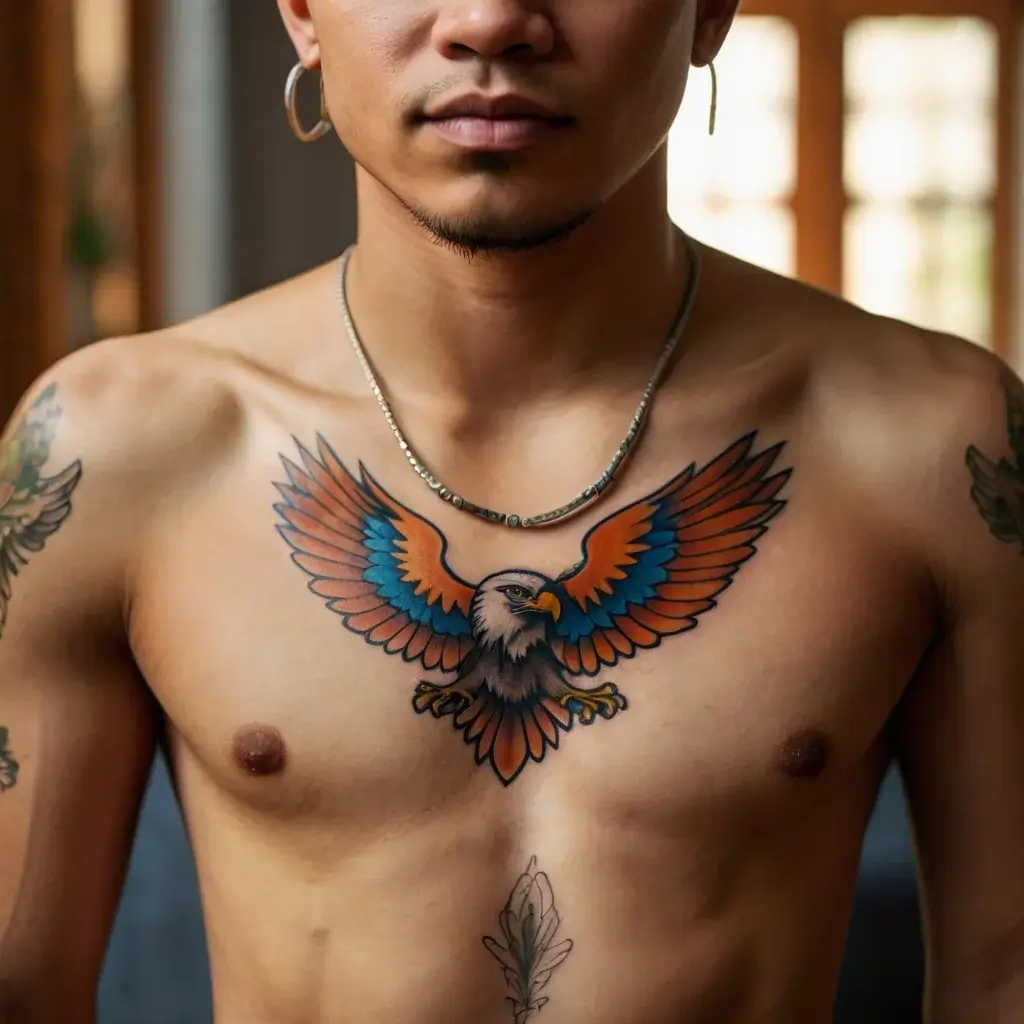 Bold eagle chest tattoo with vivid blue and orange wings spread wide, symbolizing freedom and strength.