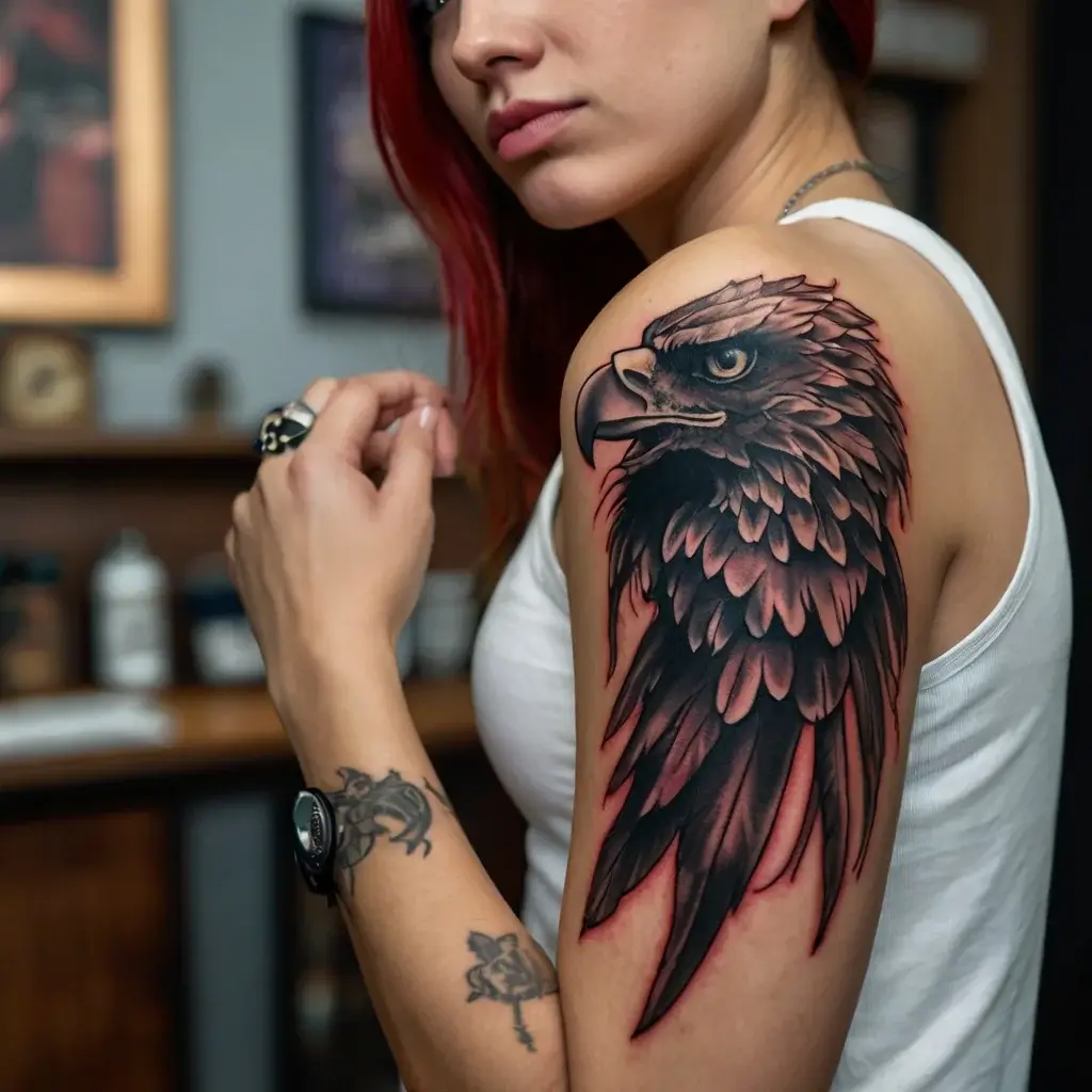 Detailed eagle tattoo with vibrant shading on the shoulder, showcasing fierce eyes and flowing feathers.