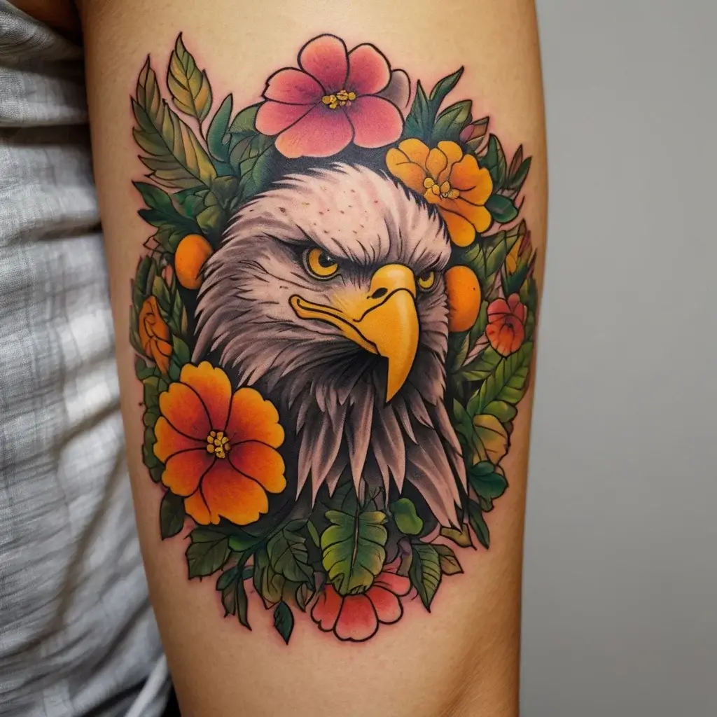 Colorful eagle tattoo surrounded by vibrant flowers and lush green leaves on the arm, symbolizing strength and beauty.