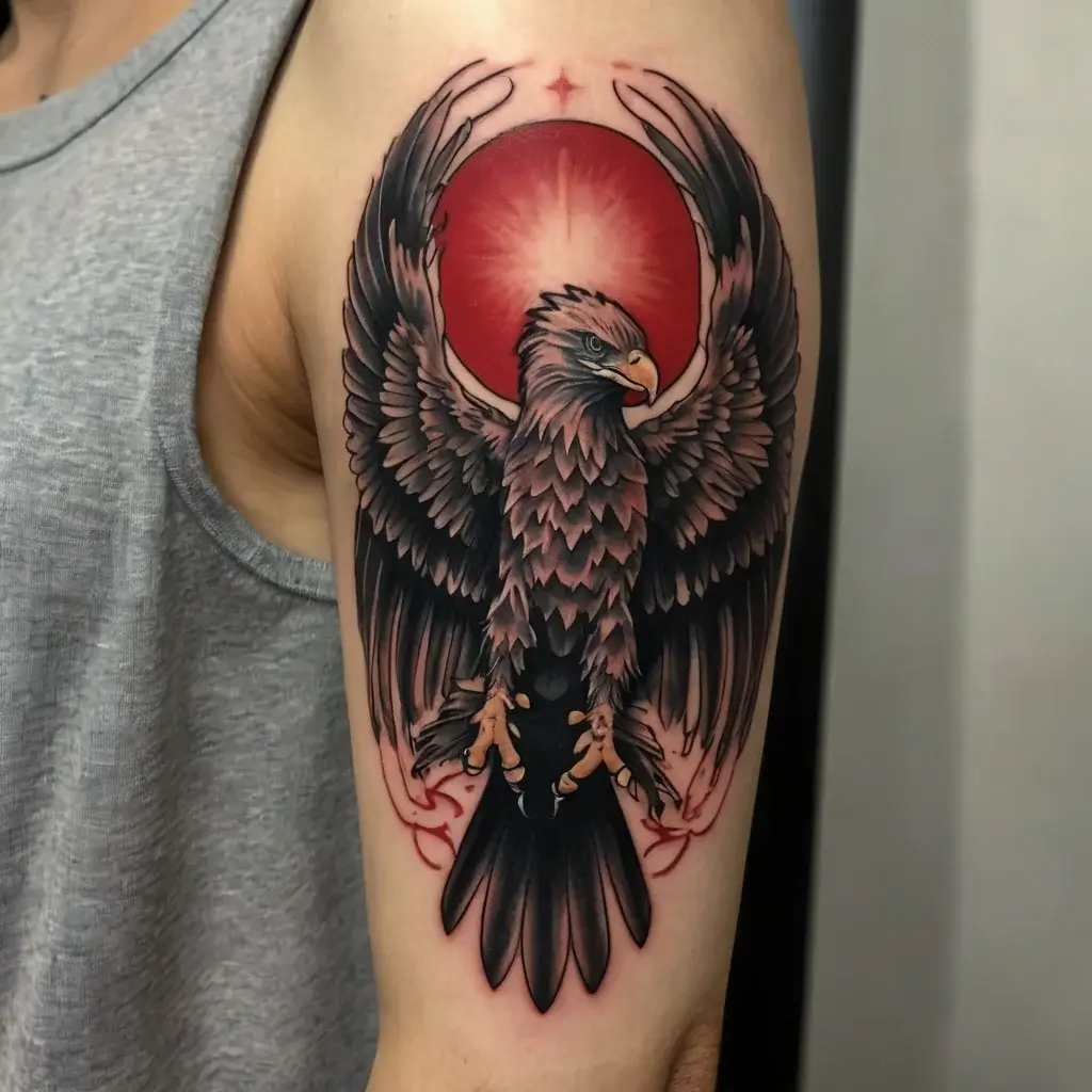 Tattoo of a fierce eagle with outstretched wings, set against a red sun, embracing strength and freedom.