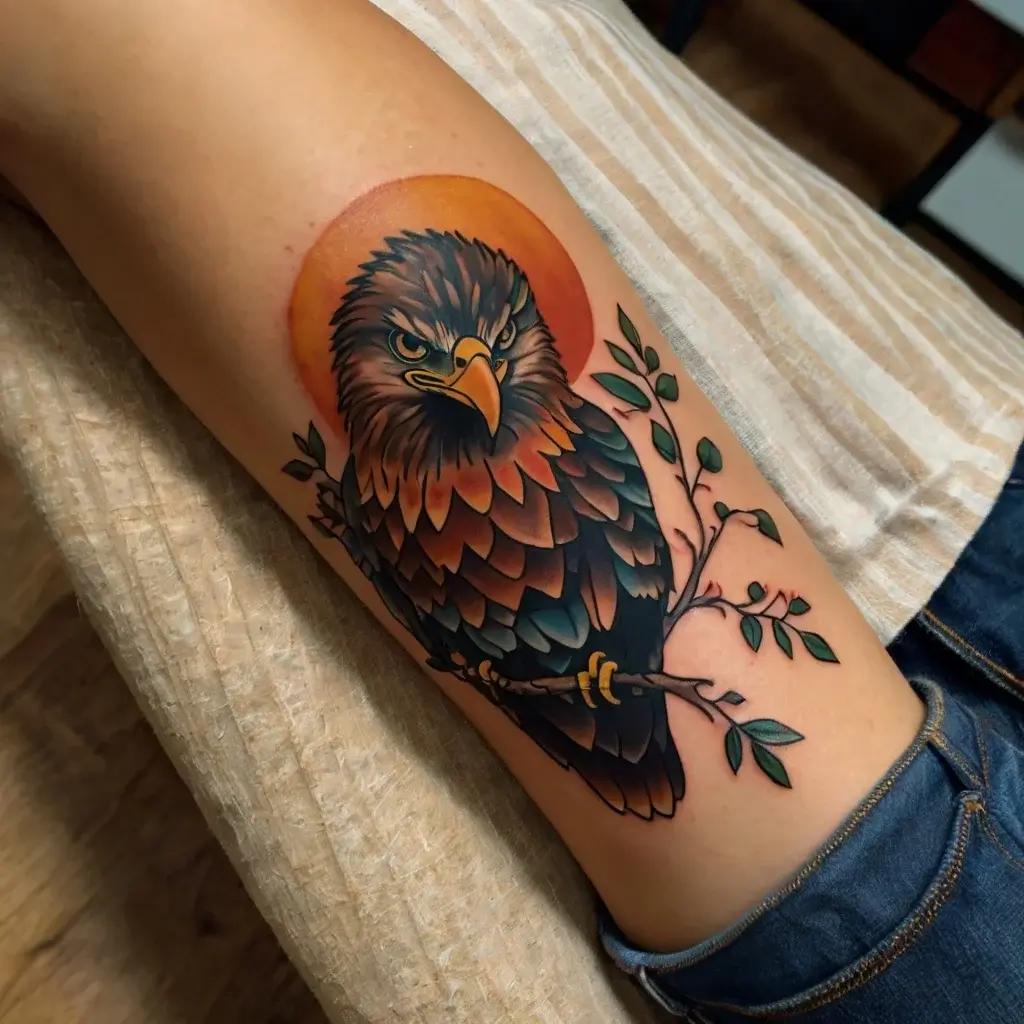 A detailed tattoo of an eagle perched on a branch, enhanced by a setting sun background, with rich earthy tones.