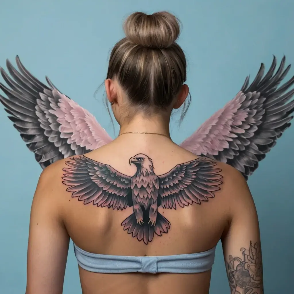 Tattoo of a detailed eagle on the upper back, wings spread wide, blending with realistic feathered wings.