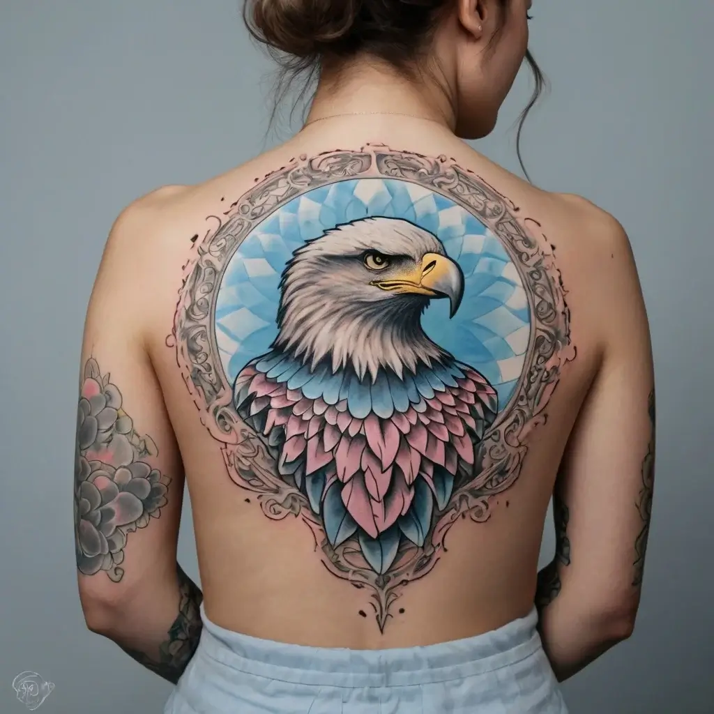 Tattoo of a bald eagle with colorful feathers, framed in ornate filigree. The background has a soft blue geometric pattern.