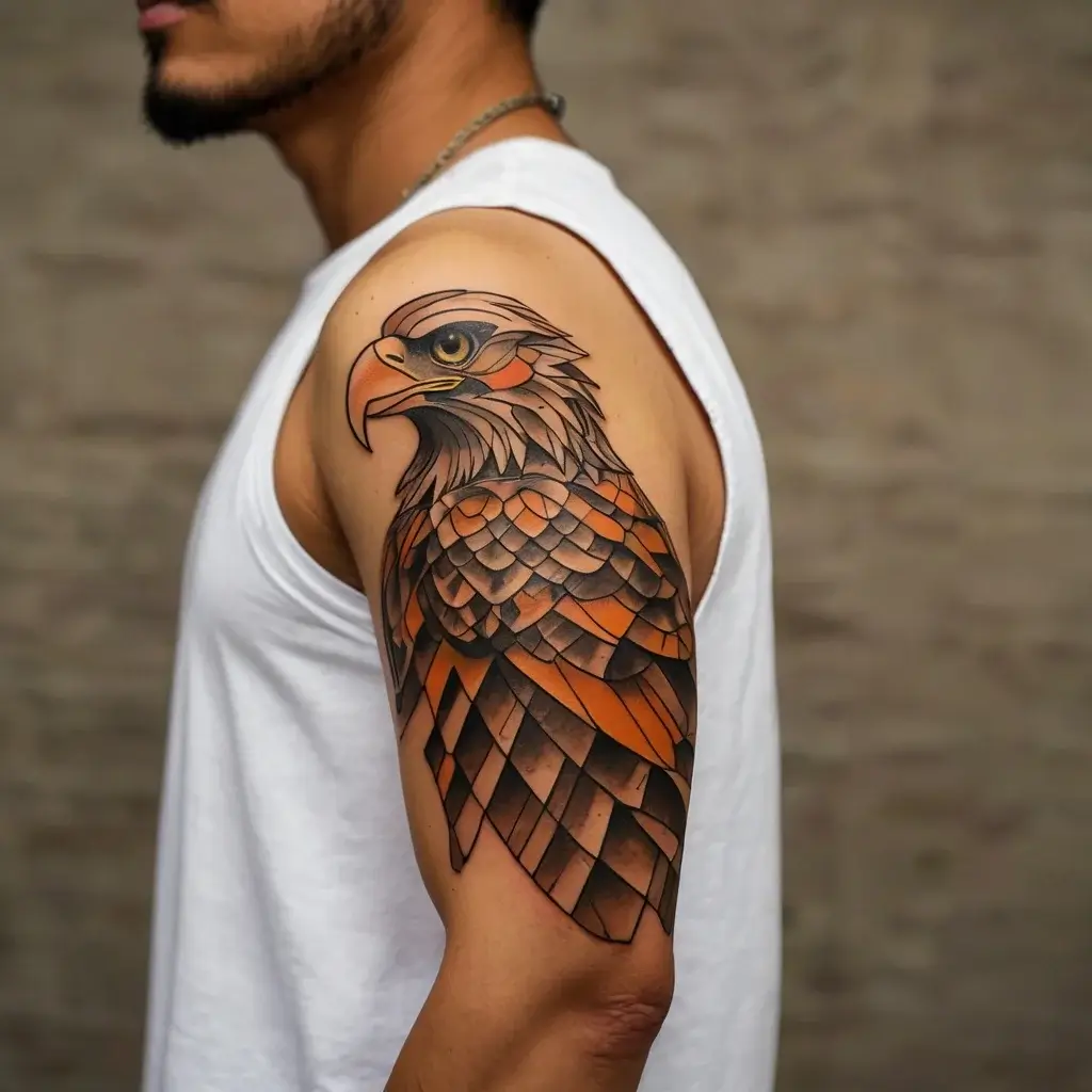 Arm tattoo of a stylized eagle with geometric feathers in black and orange tones, showcasing detail and symmetry.