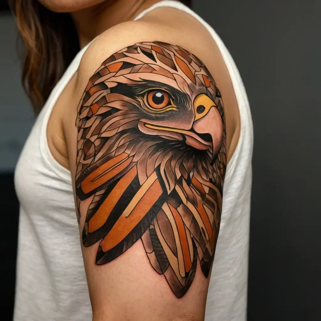 Geometric eagle tattoo on upper arm, featuring bold orange and brown tones with intricate feather detailing.