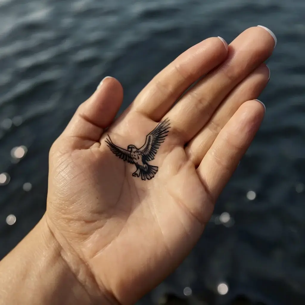 A detailed black ink tattoo of a soaring eagle on the palm, symbolizing freedom and strength.