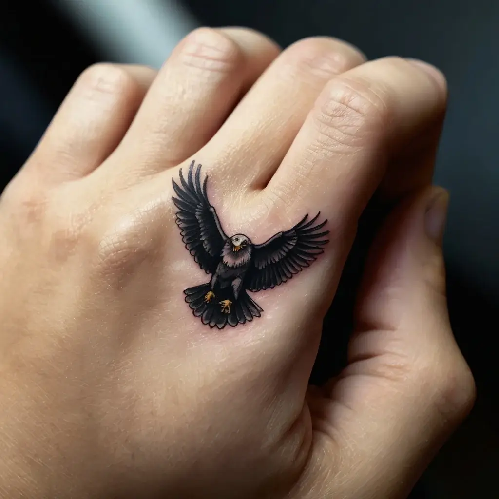 Detailed bald eagle tattoo on hand with wings spread, showcasing realistic shading and bold outlines.