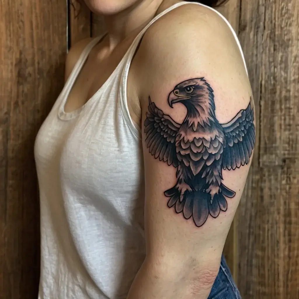 Tattoo of a bold eagle with detailed feathers, wings spread wide, symbolizing freedom and strength, on a person's upper arm.