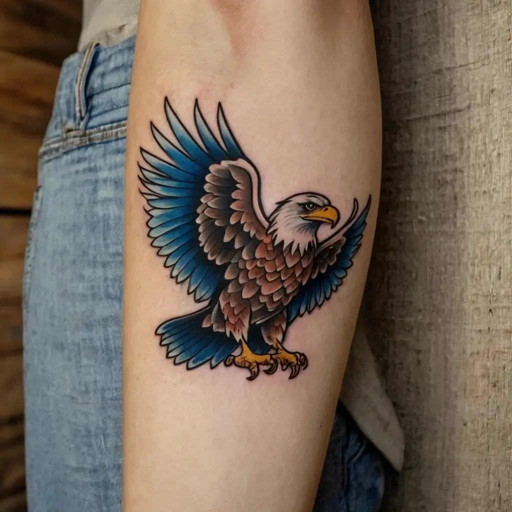 Tattoo of a vibrant bald eagle with blue-tipped wings, perched with claws extended, symbolizing freedom and strength.