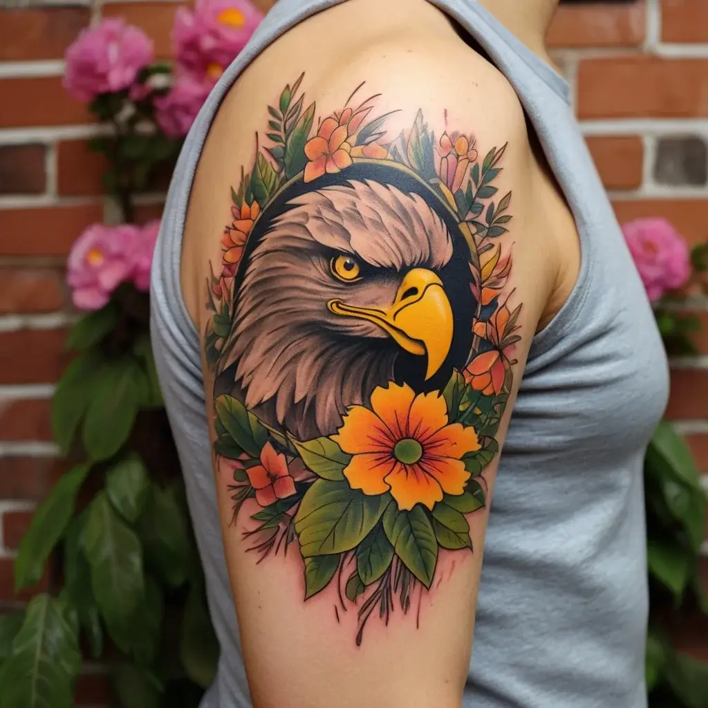 Eagle head with piercing eyes, surrounded by vibrant orange flowers and lush green leaves on upper arm.