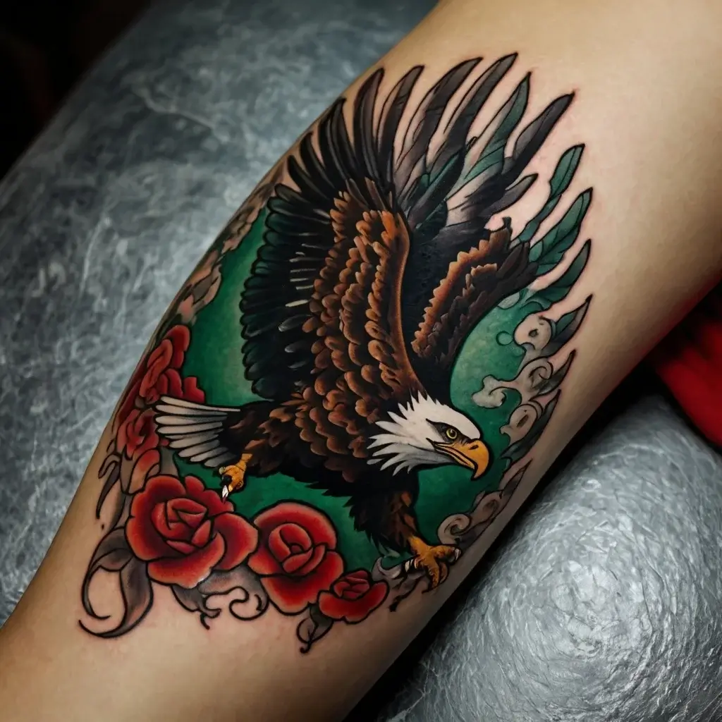 Tattoo of a soaring eagle with spread wings, surrounded by red roses and decorative swirls on a green background.