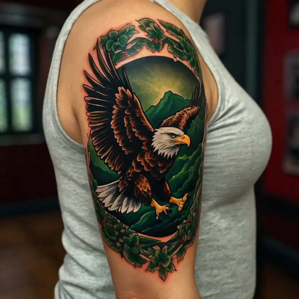 Tattoo of a soaring eagle over green mountains, framed by vines and leaves, showcasing strength and freedom.