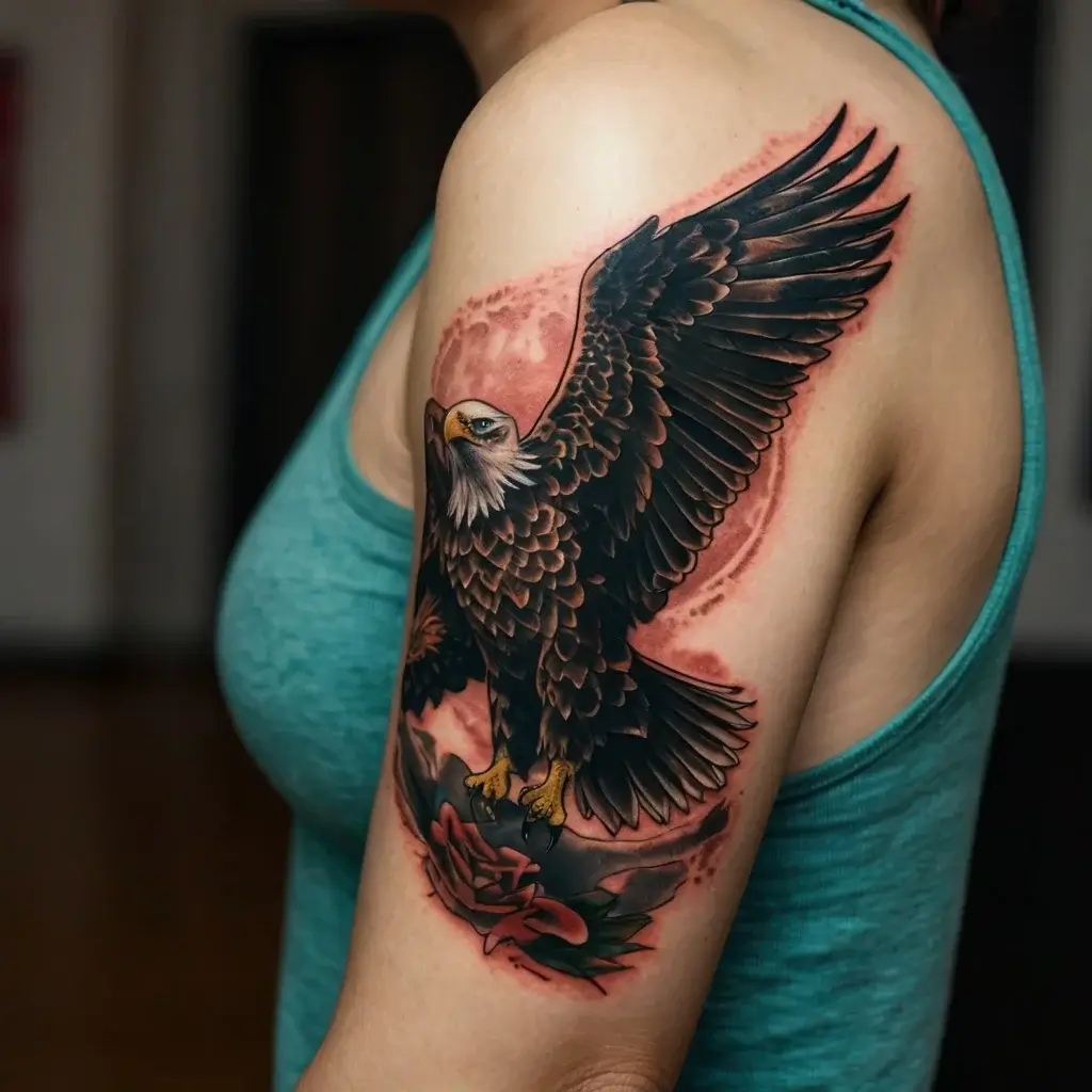 Tattoo of a majestic eagle soaring upwards, wings spread wide, with a rose beneath, framed by a red, cloud-like background.