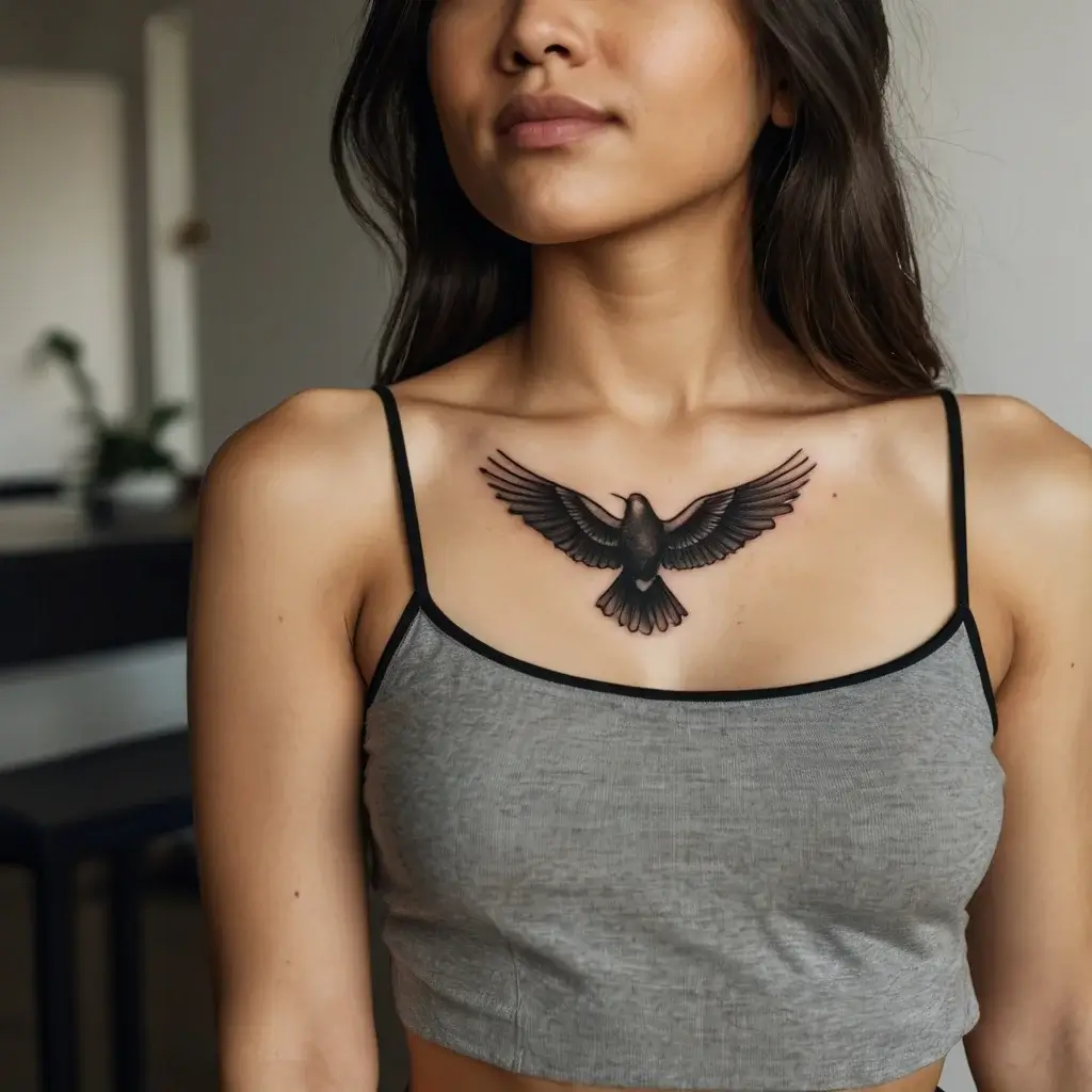 Chest tattoo of a bird in flight, wings spread wide, detailed shading for depth, symbolizing freedom and strength.